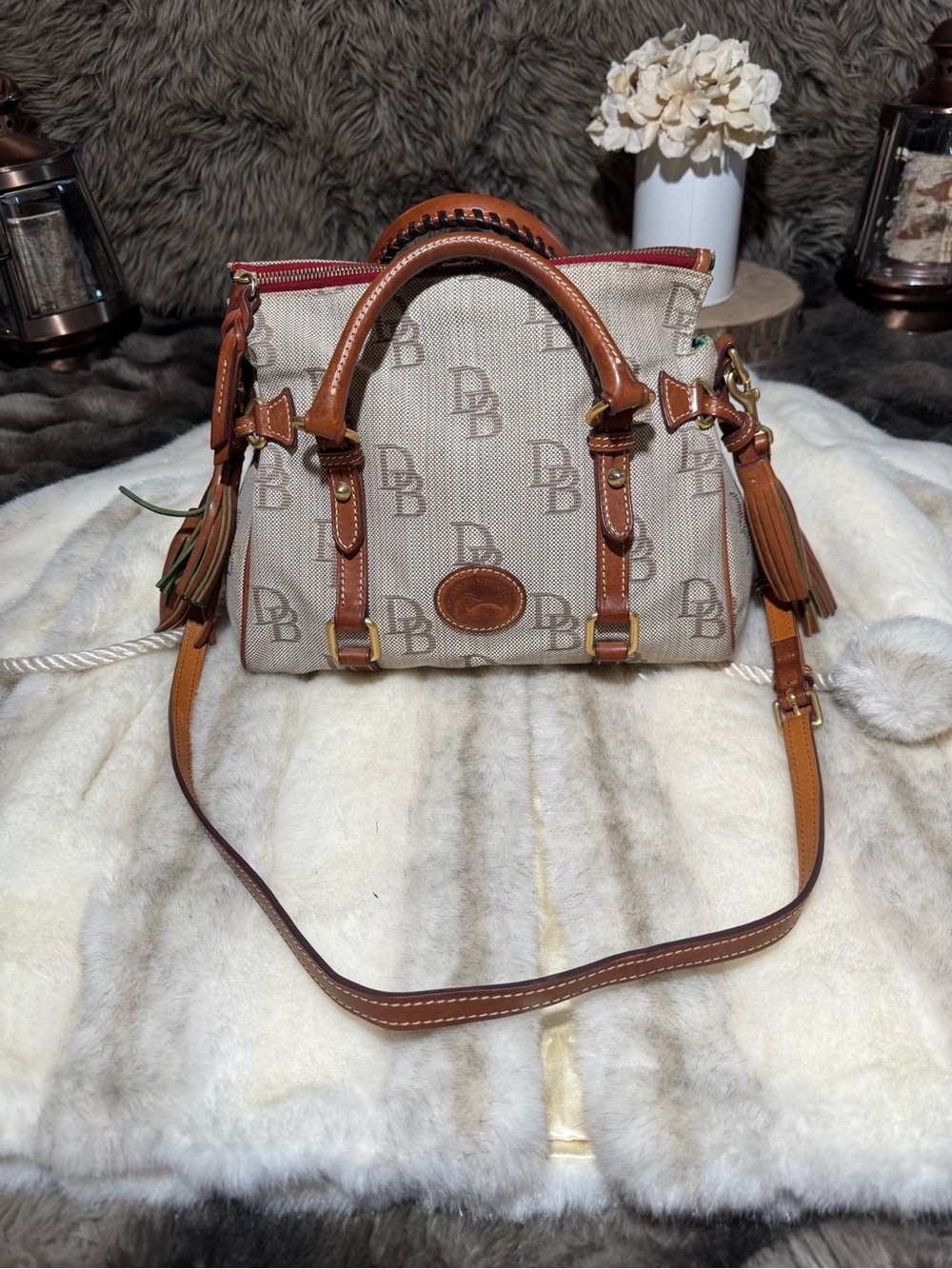 Dooney & Bourke Beige Canvas Satchel with Brown Leather Trim and Red Zip Accent